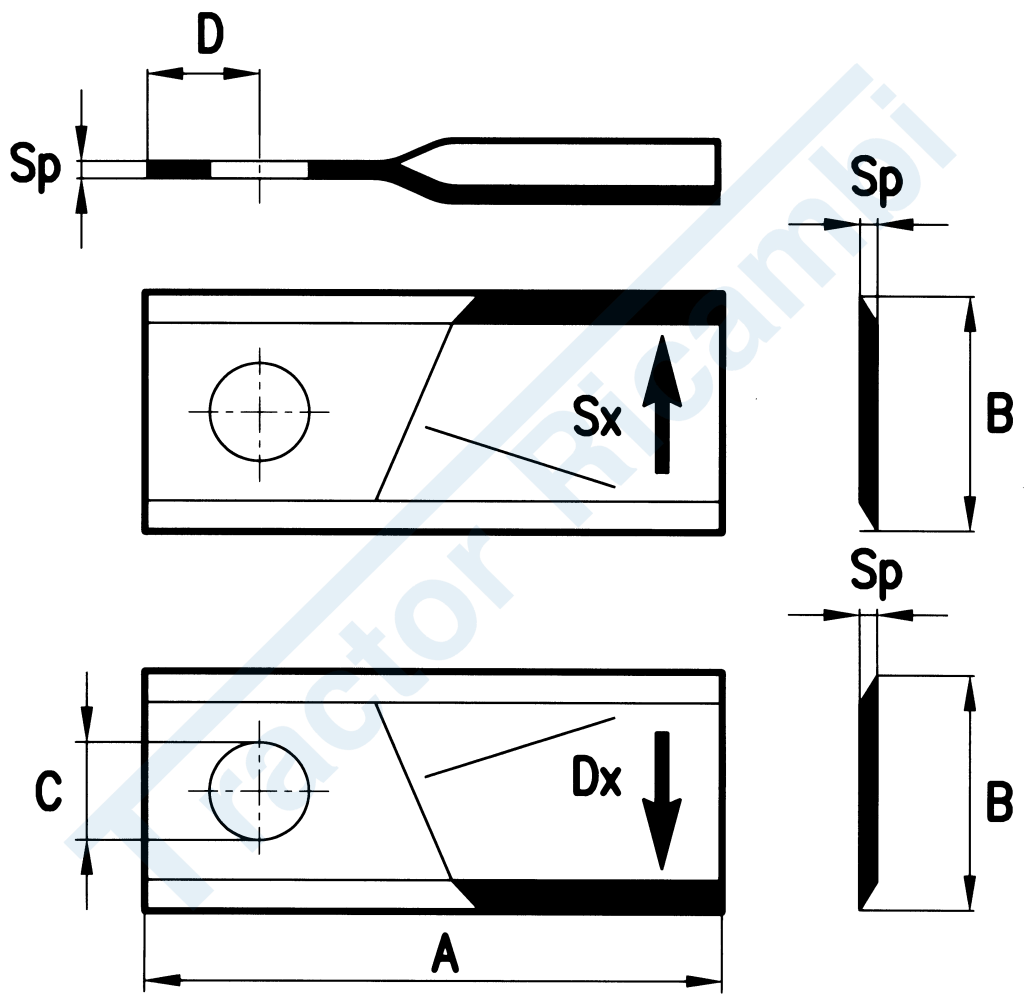 Coltello destro per falciatrici rotative